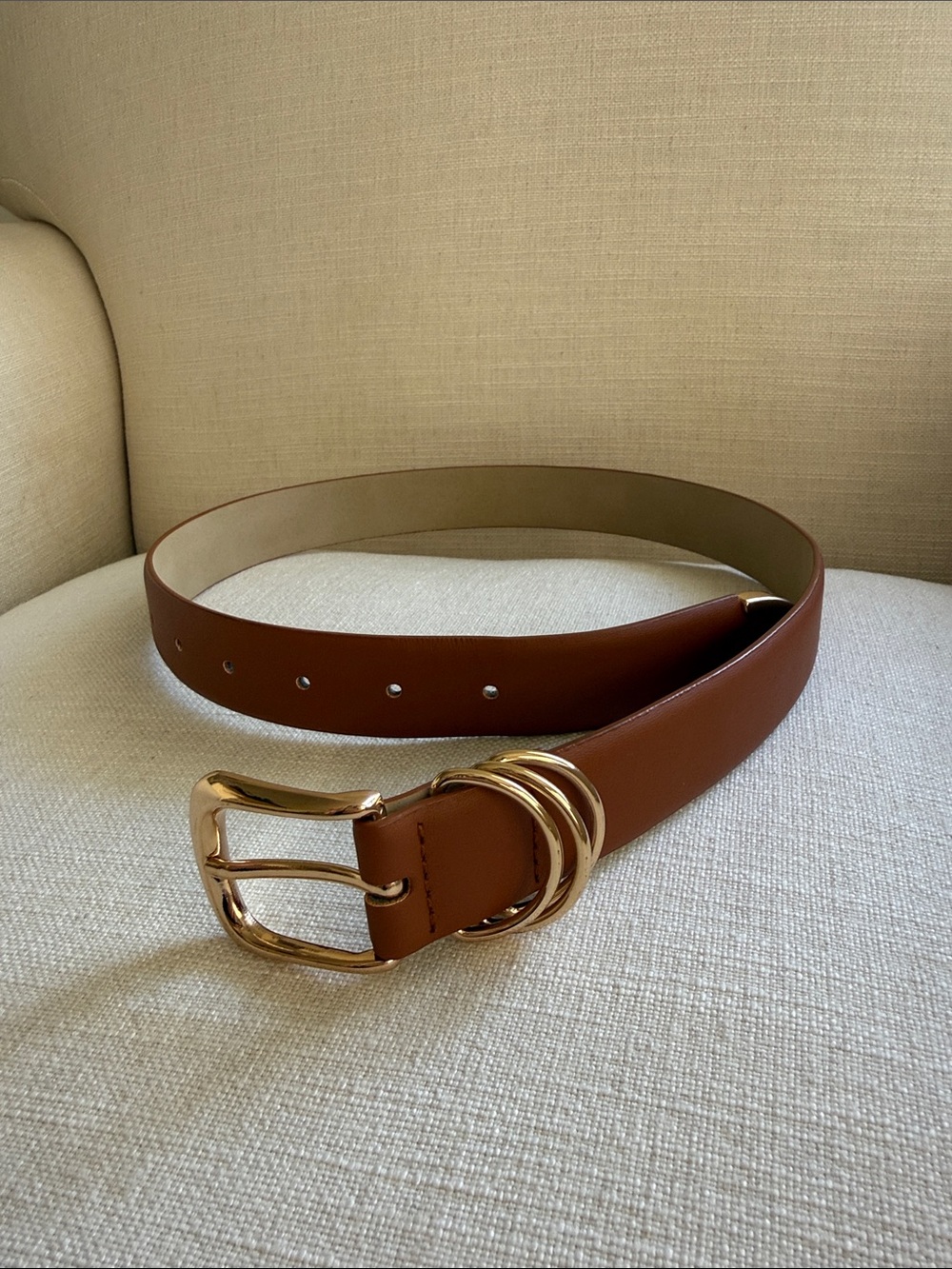 Women's Brown Leather Belt with Gold Buckle and Ring Detail